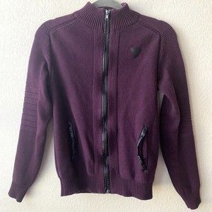 Guess Womens Sweater Jacket Size Small Maroon Purple Full Zip Mock Neck Logo